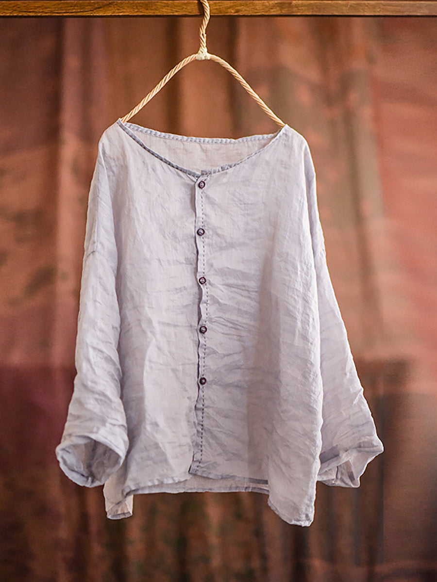 Women Summer Vintage Stitching Button Ramie Blouse AT1063 QYMM