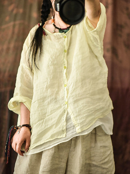 Women Summer Vintage Stitching Button Ramie Blouse AT1063 QYMM