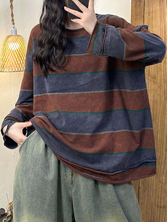 Women Autumn Vintage Colorblock Stripe O-Neck Cotton Blouse AT1071 HLCP