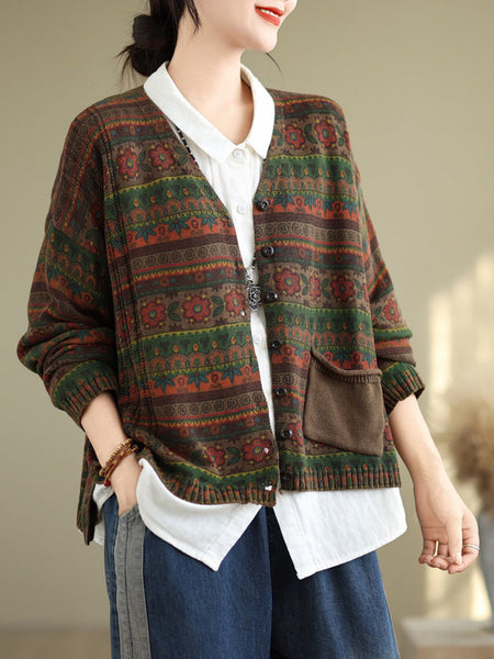 Women Autumn Artsy Flower Button V-Neck Sweater AT1082 BUYKUD