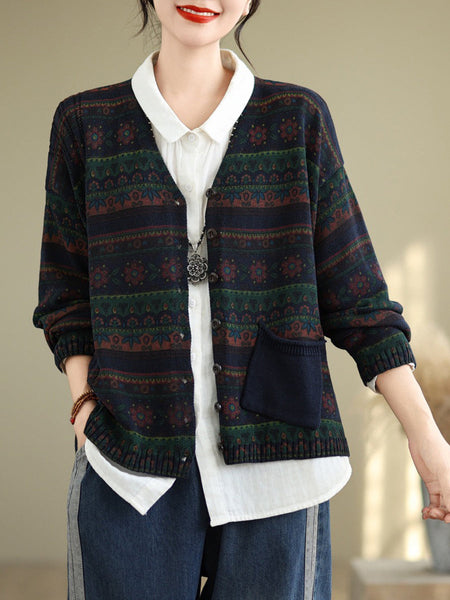 Women Autumn Artsy Flower Button V-Neck Sweater AT1082 BUYKUD