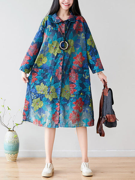Women Autumn Artsy Flower Denim Pocket Coat AT1049 BUYKUD