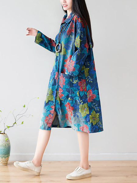 Women Autumn Artsy Flower Denim Pocket Coat AT1049 BUYKUD