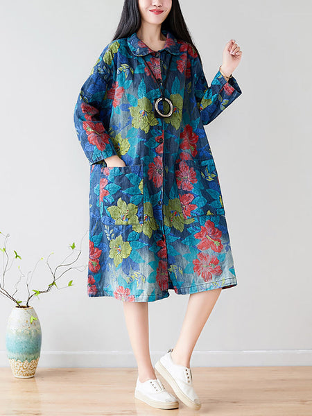 Women Autumn Artsy Flower Denim Pocket Coat AT1049 BUYKUD