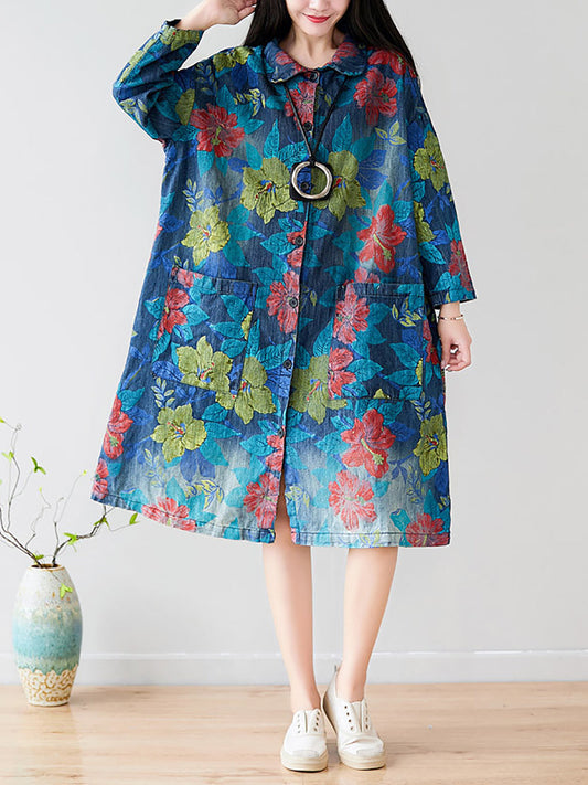 Women Autumn Artsy Flower Denim Pocket Coat AT1049 BUYKUD