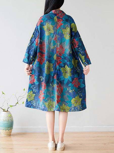 Women Autumn Artsy Flower Denim Pocket Coat AT1049 BUYKUD