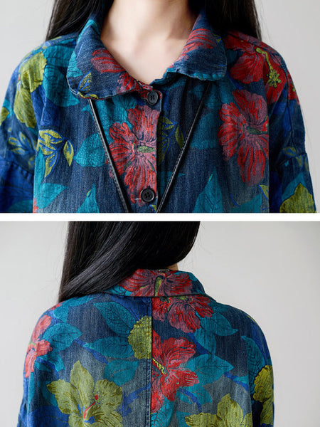 Women Autumn Artsy Flower Denim Pocket Coat AT1049 BUYKUD