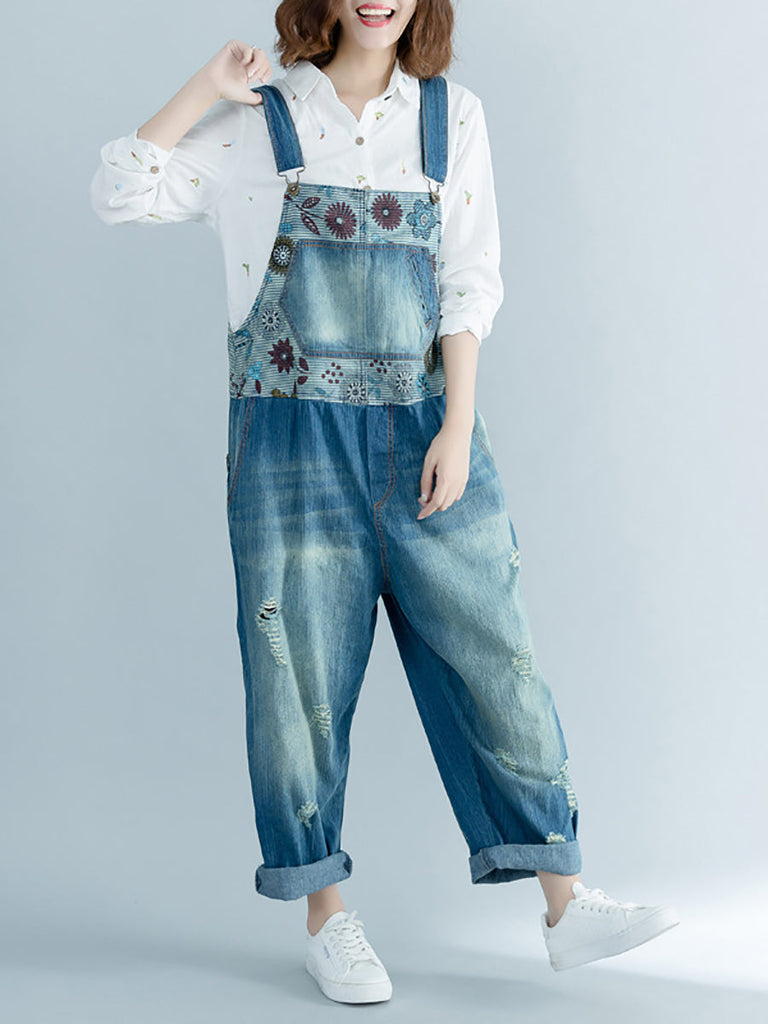 Women Artsy Flower Spliced Denim Frayed Jumpsuits AT1048 BUYKUD