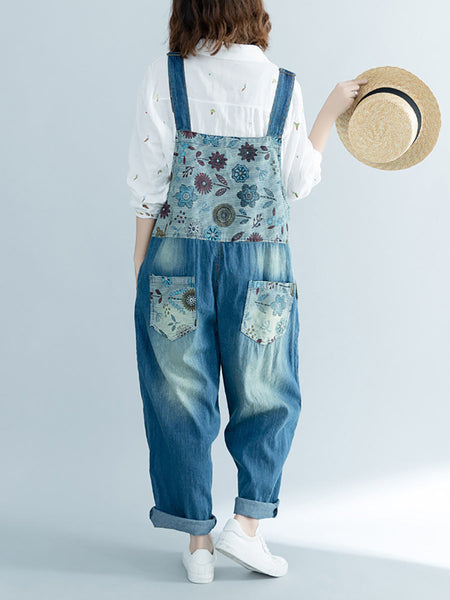 Women Artsy Flower Spliced Denim Frayed Jumpsuits AT1048 BUYKUD
