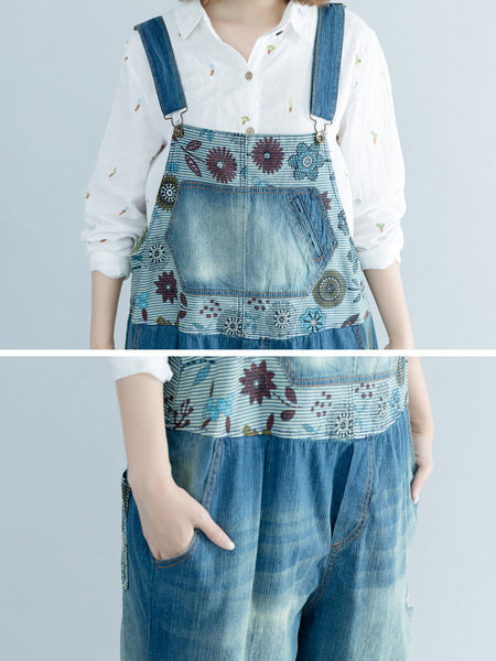 Women Artsy Flower Spliced Denim Frayed Jumpsuits AT1048 BUYKUD