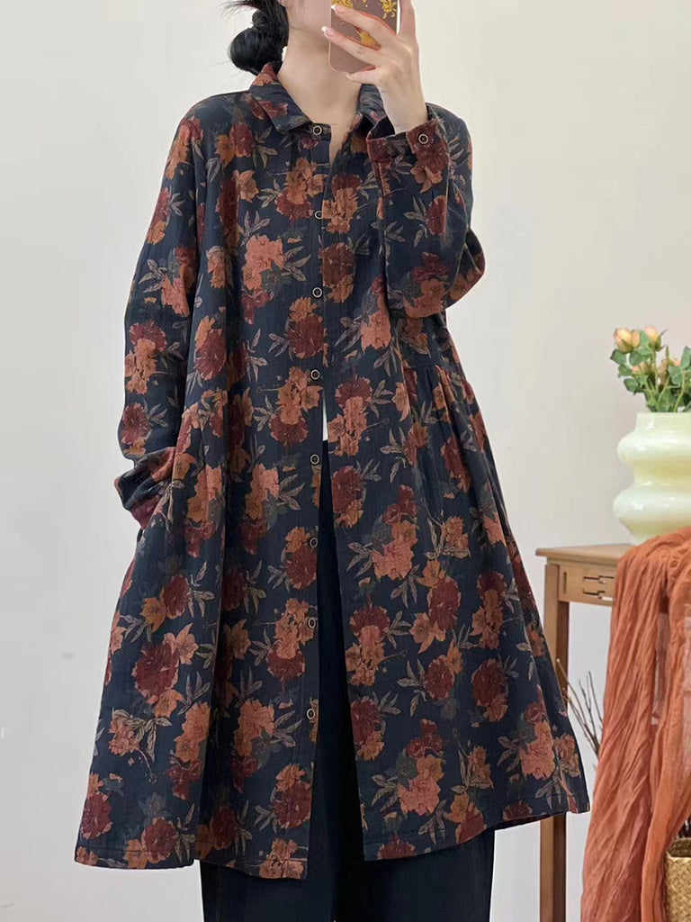 Women Autumn Vintage Flower Loose Cotton Shirt Coat AT1051 BUYKUD