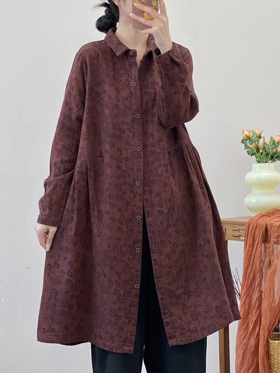 Women Autumn Vintage Flower Loose Cotton Shirt Coat AT1051 BUYKUD