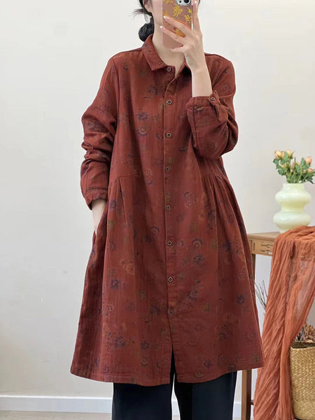 Women Autumn Vintage Flower Loose Cotton Shirt Coat AT1051 BUYKUD