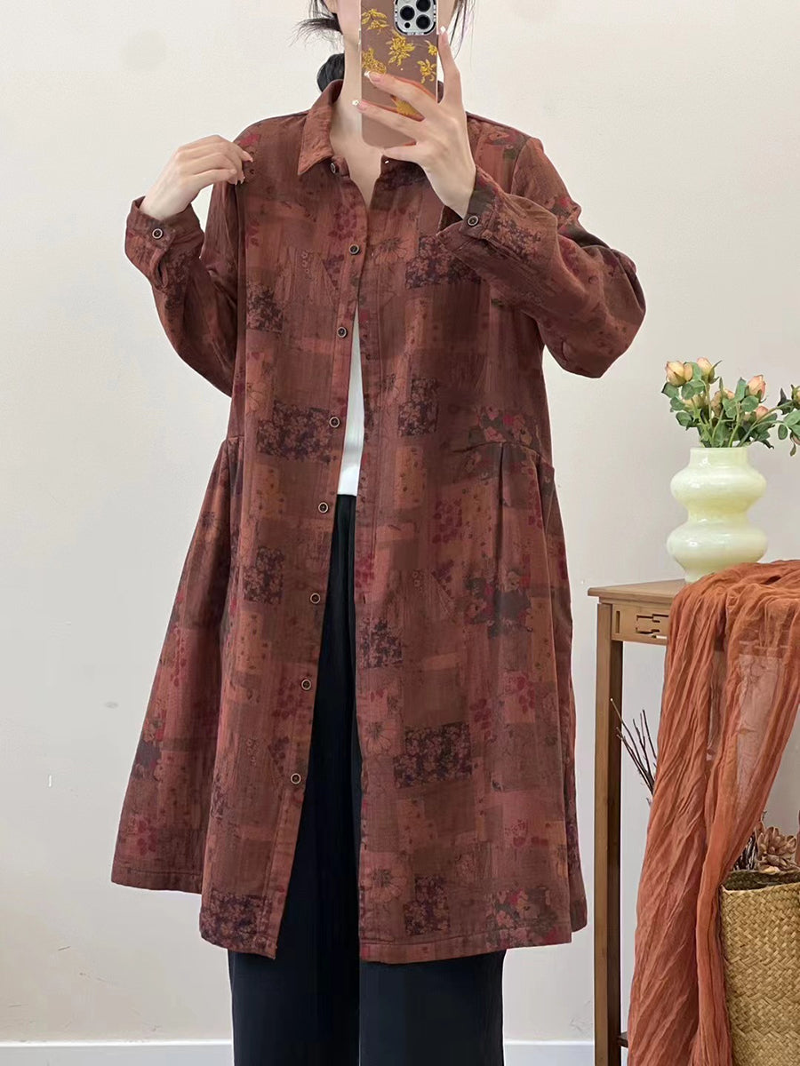 Women Autumn Vintage Flower Loose Cotton Shirt Coat AT1051 BUYKUD