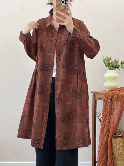 Women Autumn Vintage Flower Loose Cotton Shirt Coat AT1051 BUYKUD