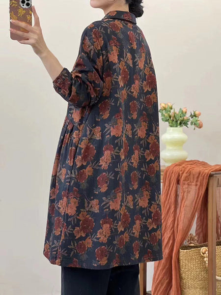 Women Autumn Vintage Flower Loose Cotton Shirt Coat AT1051 BUYKUD