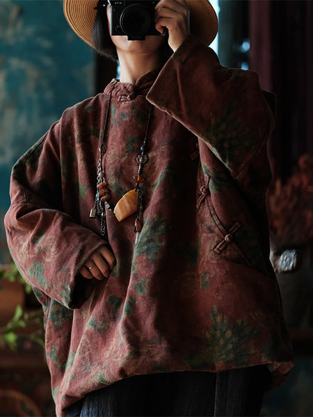 Women Autumn Ethnic Flower 100%Cotton Loose Coat AT1050 JSHY