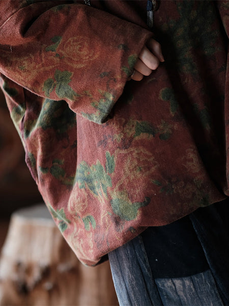 Women Autumn Ethnic Flower 100%Cotton Loose Coat AT1050 JSHY