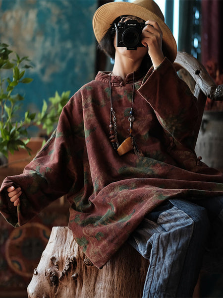 Women Autumn Ethnic Flower 100%Cotton Loose Coat AT1050 JSHY