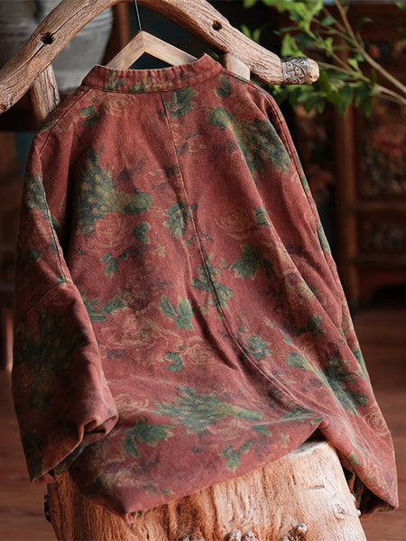 Women Autumn Ethnic Flower 100%Cotton Loose Coat AT1050 JSHY