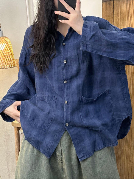 Women Autumn Vintage Plaid Turn-down Linen Blouse AT1052 BUYKUD