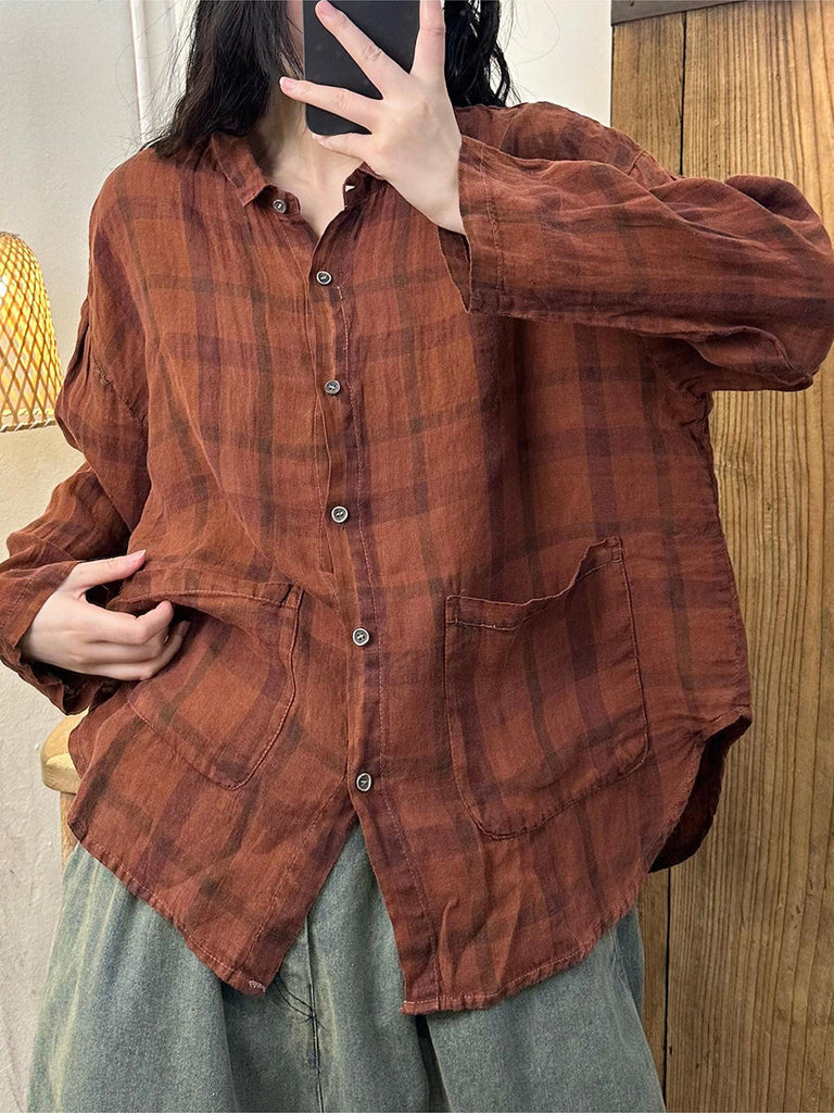 Women Autumn Vintage Plaid Turn-down Linen Blouse AT1052 BUYKUD