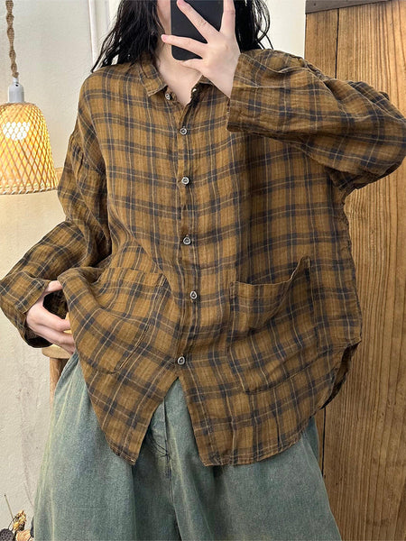 Women Autumn Vintage Plaid Turn-down Linen Blouse AT1052 BUYKUD