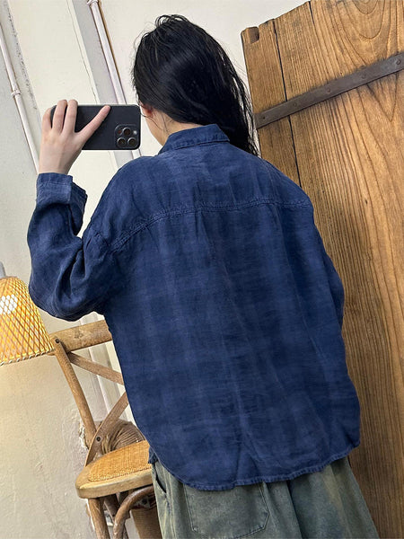 Women Autumn Vintage Plaid Turn-down Linen Blouse AT1052 BUYKUD