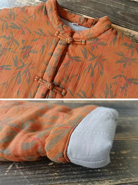 Women Autumn Vintage Leaf Print Cotton Long Coat AS1013 BUYKUD