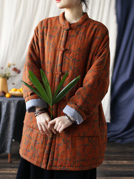 Women Autumn Vintage Leaf Print Cotton Long Coat AS1013 BUYKUD