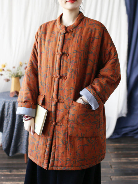 Women Autumn Vintage Leaf Print Cotton Long Coat AS1013 BUYKUD