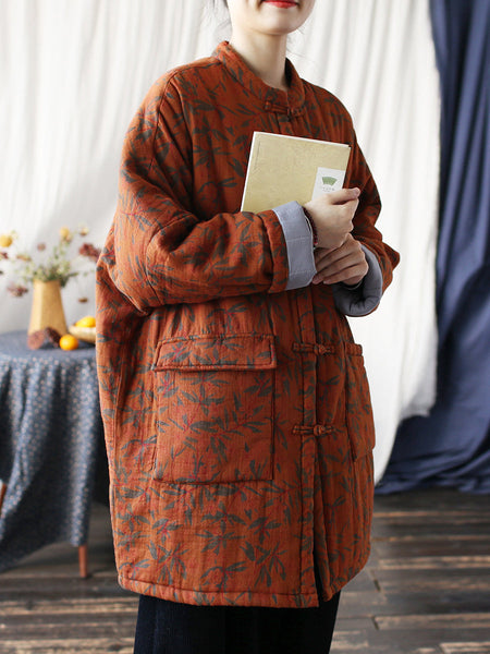 Women Autumn Vintage Leaf Print Cotton Long Coat AS1013 BUYKUD