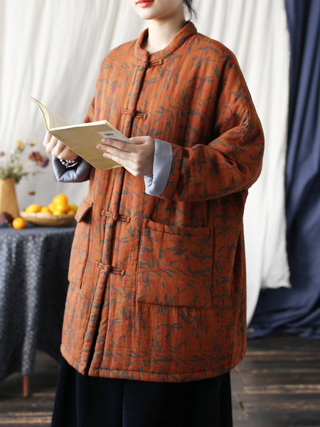 Women Autumn Vintage Leaf Print Cotton Long Coat AS1013 BUYKUD