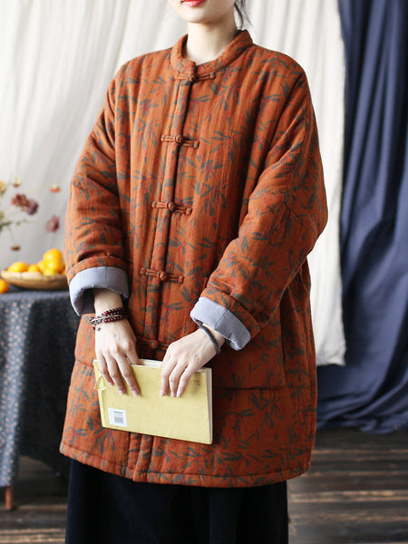 Women Autumn Vintage Leaf Print Cotton Long Coat AS1013 BUYKUD