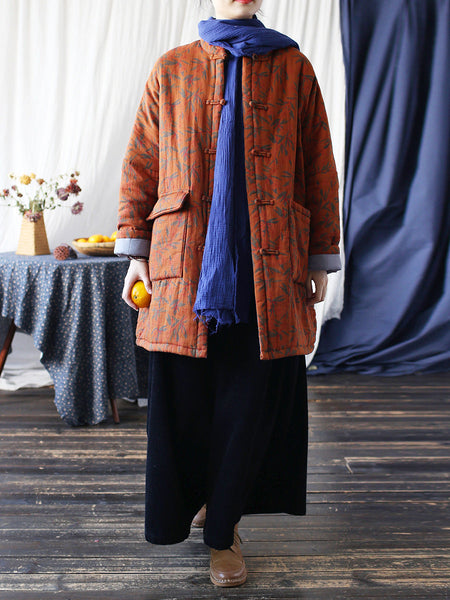 Women Autumn Vintage Leaf Print Cotton Long Coat AS1013 BUYKUD