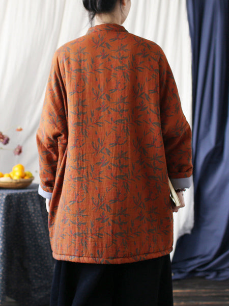 Women Autumn Vintage Leaf Print Cotton Long Coat AS1013 BUYKUD