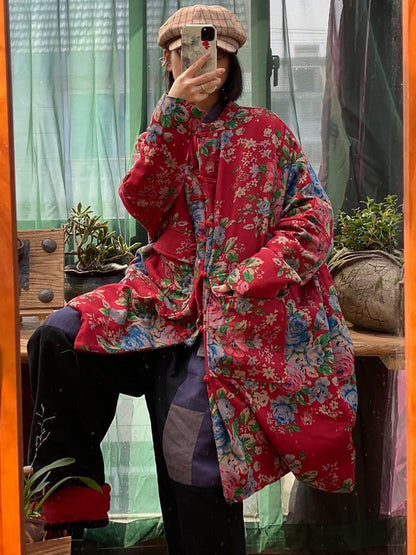 Women Winter Vintage Flower Pocket Button Cotton Coat AS1016 JSHY