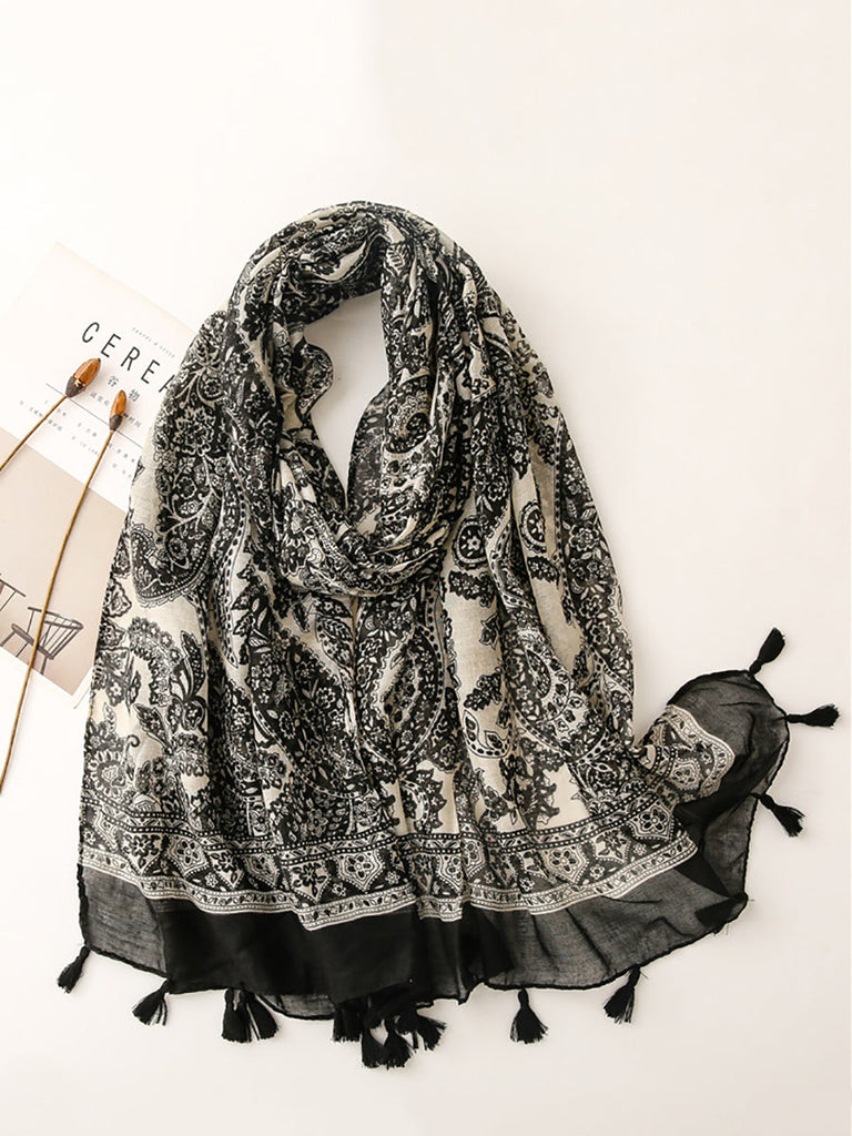 Women Artsy Flower Black White Tassel Shawl Scarf AS1011 JHYT