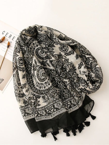 Women Artsy Flower Black White Tassel Shawl Scarf AS1011 JHYT