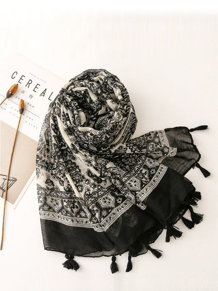 Women Artsy Flower Black White Tassel Shawl Scarf AS1011 JHYT