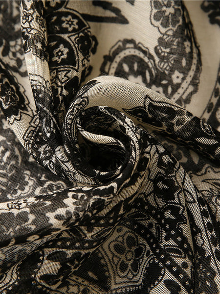 Women Artsy Flower Black White Tassel Shawl Scarf AS1011 JHYT