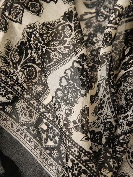 Women Artsy Flower Black White Tassel Shawl Scarf AS1011 JHYT