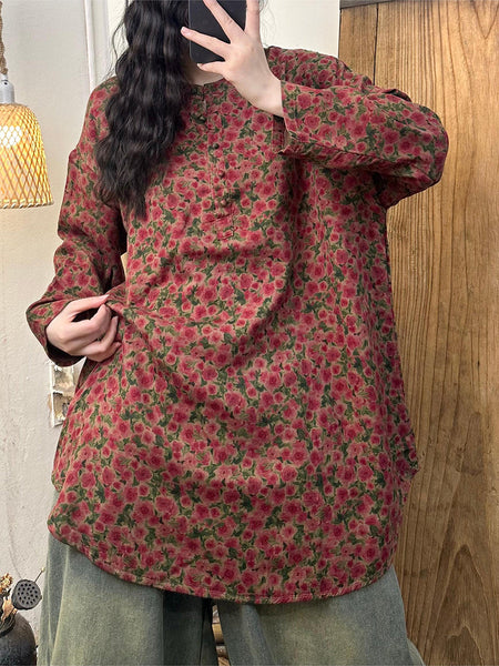 Women Artsy Floral O-Neck Loose 100%Cotton Blouse AT1036 BUYKUD