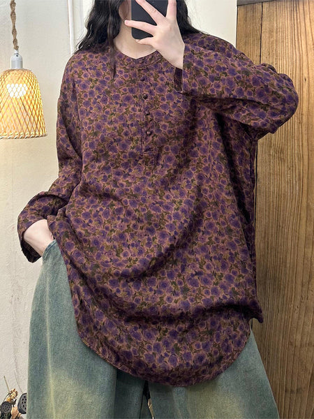 Women Artsy Floral O-Neck Loose 100%Cotton Blouse AT1036 BUYKUD