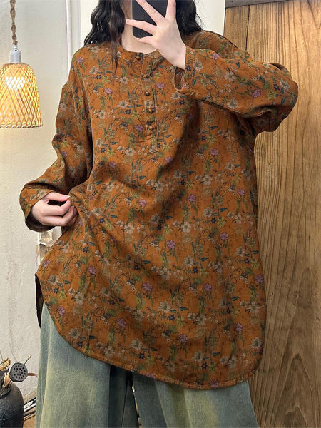 Women Artsy Floral O-Neck Loose 100%Cotton Blouse AT1036 BUYKUD