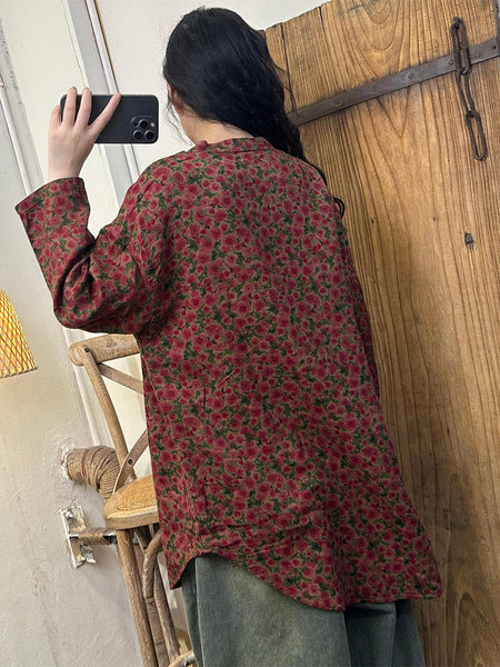 Women Artsy Floral O-Neck Loose 100%Cotton Blouse AT1036 BUYKUD