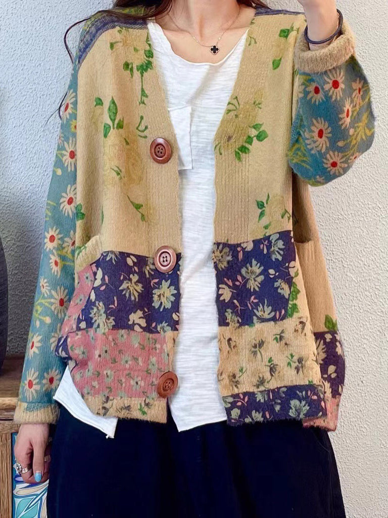 Women Autumn Floral Colorblock V-Neck Knit Cardigan Sweater AT1047 BUYKUD