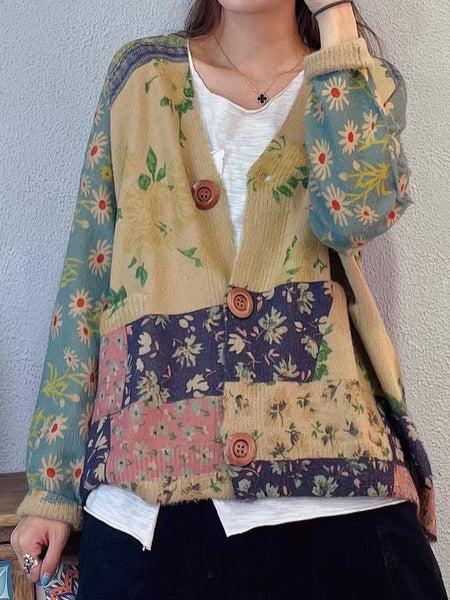 Women Autumn Floral Colorblock V-Neck Knit Cardigan Sweater AT1047 BUYKUD
