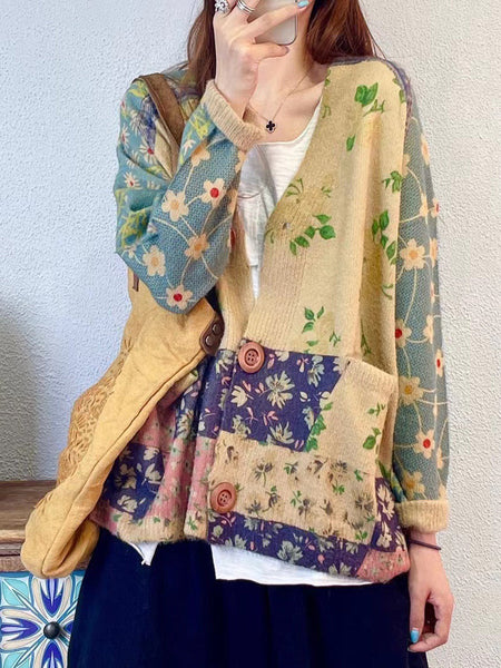 Women Autumn Floral Colorblock V-Neck Knit Cardigan Sweater AT1047 BUYKUD
