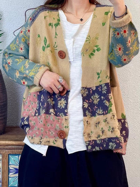 Women Autumn Floral Colorblock V-Neck Knit Cardigan Sweater AT1047 BUYKUD